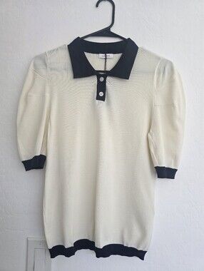 LASCANA Cream Short-Sleeve Cream Polo Sweater with Navy Trim NWT